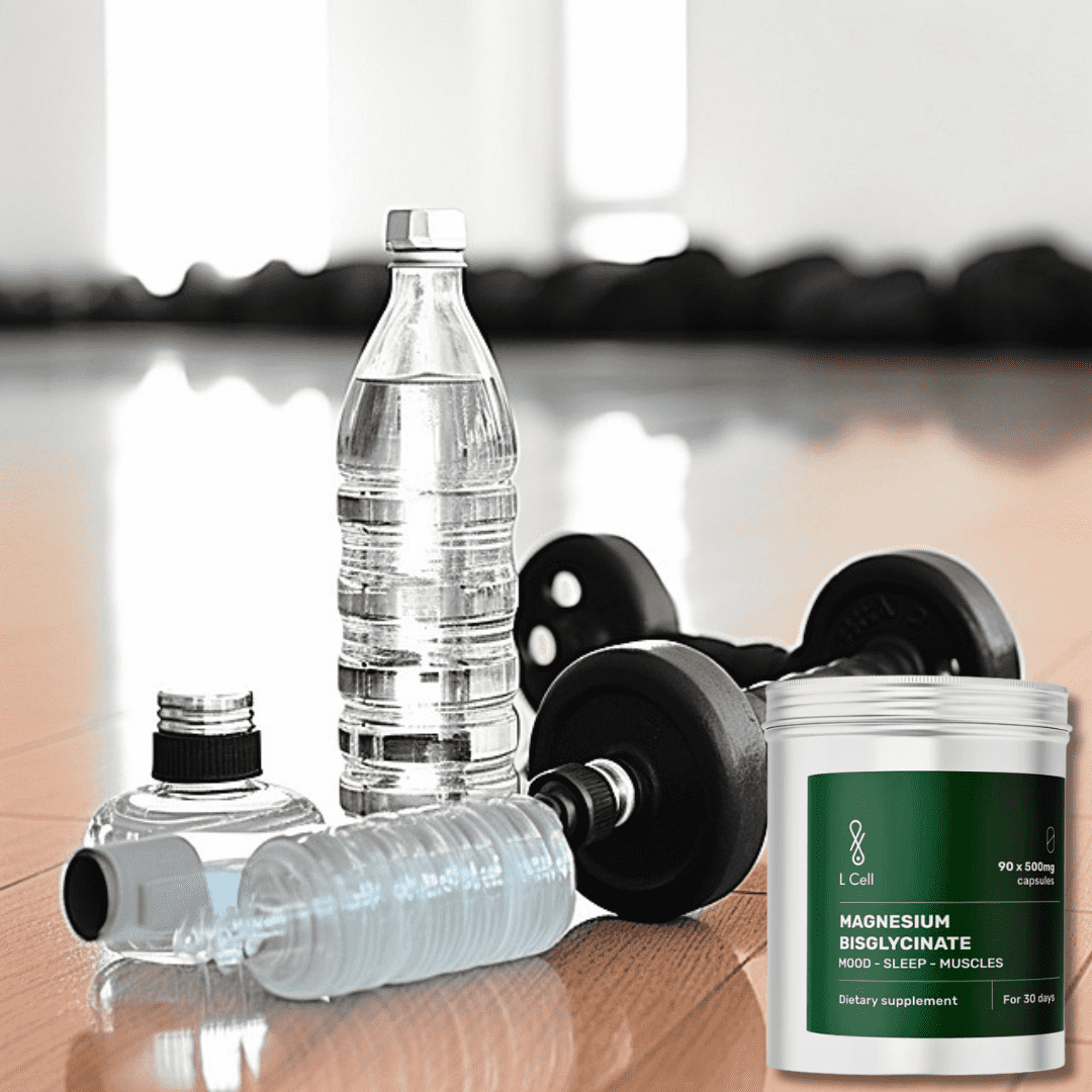 Magnesium Bisglycinate supplement jar by L Cell placed on a gym floor beside water bottles and dumbbells, suggesting post-workout hydration, muscle support, and recovery.